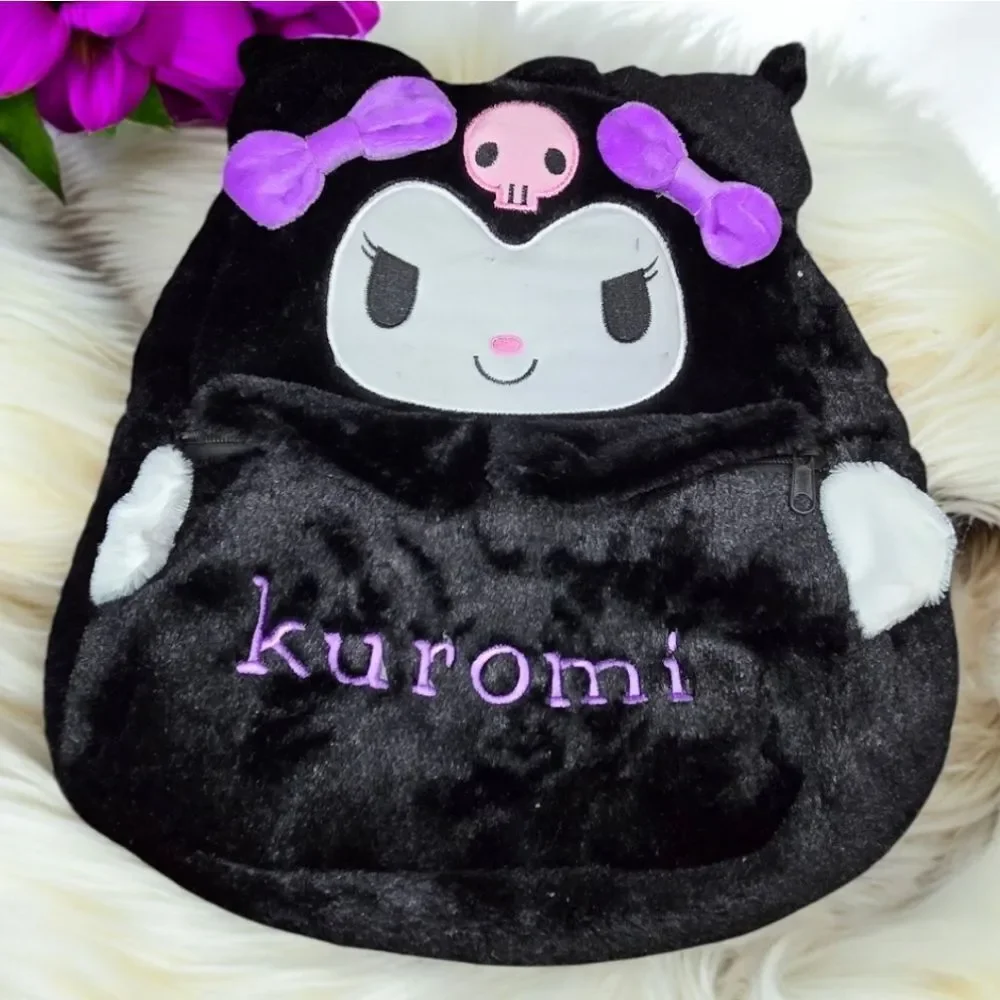 Kuromi Plush Backpack Sanrio Hello Kitty Black Furry Kawaii Spooky Book Bag 15”